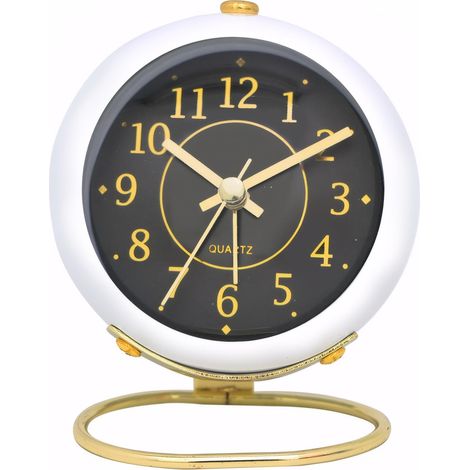 Réveil à quartz avec veilleuse en métal - Analogique - Simple - Sans tic-tac - Design rétro silencieux - Horloge de bureau alimentée par piles - Pour voyage, chambre à coucher, étagère, chevet