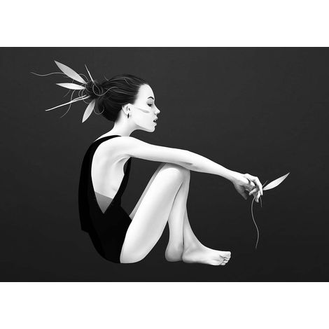 Tableau danseuse noir & blanc | Tableau moderne pour déco salon | Tableau sur toile femme avec plume pour couloir & chambre 0,7 x 0,5 m (1/2)