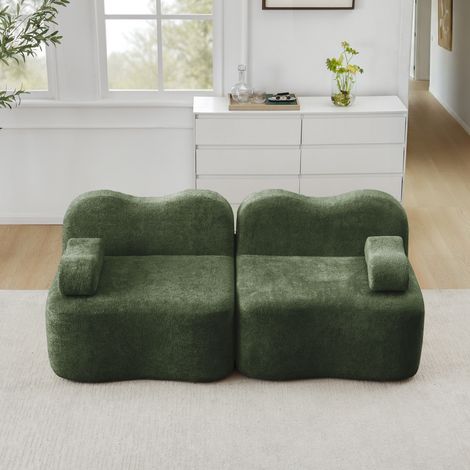 Divano lineare modulare 2 posti in velluto, senza struttura in schiuma alta densità 32D, cuscino bracciolo mobile, per soggiorno e appartamento - Verde