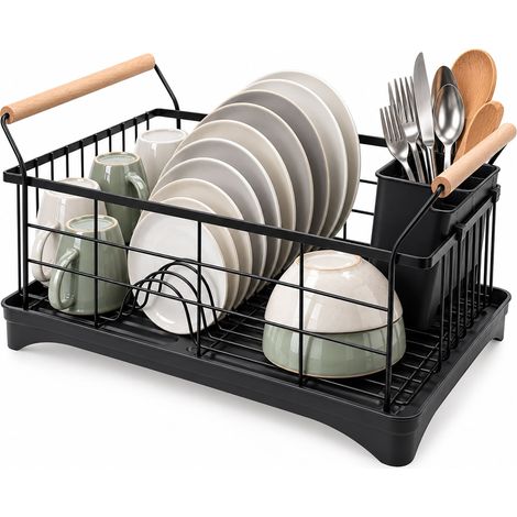 Relaxdays Dish Drainer, Cutlery Basket & Drainage Tray, Kitchen Dish Rack, Plastic, Metal, Black (1/5)