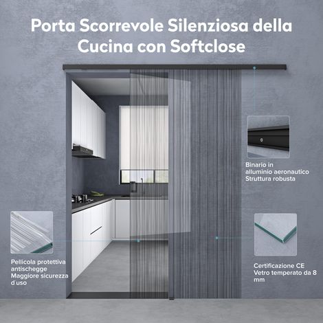 doporro Porta Scorrevole in Vetro Temperato 8 mm Finitura Nero Opaco Spazzolato 77,5 x 205 cm con Pellicola di Sicurezza, Maniglia Quadrata Muranino-001 (1/5)