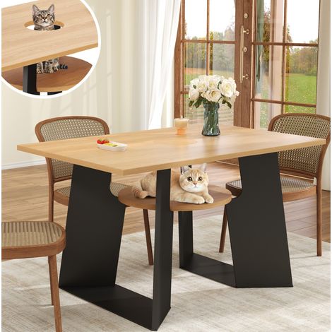 Table à manger rectangulaire pour 6 personnes avec espace pour animaux et tablette de rangement, bois naturel et pieds noirs, 130×85×75 cm (1/5)