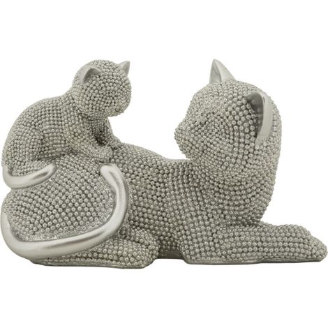 Statuette Déco Maman Chat & Chaton "Sparky" 19cm Argent