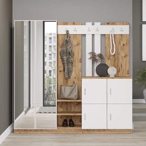 Cotecosy – Meuble d'entrée 100% mélaminé – Pin Atlantique et blanc – Largeur 187,2 cm, Hauteur 180 cm, Profondeur 37,5 cm – Rangement pratique (1/5)