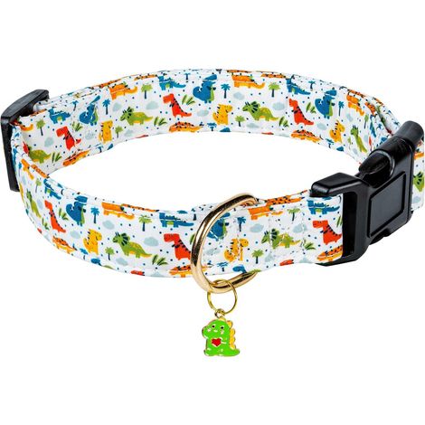 L-Collier mignon en coton pour chiens de petite et moyenne taille - Motif dinosaure blanc, doux et ajustable, idéal pour les chiots et chiens mâles. (1/5)