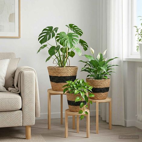 vidaXL Seagrass Plant Baskets 3 pcs Natural and Black Ø26 x 19 cm
