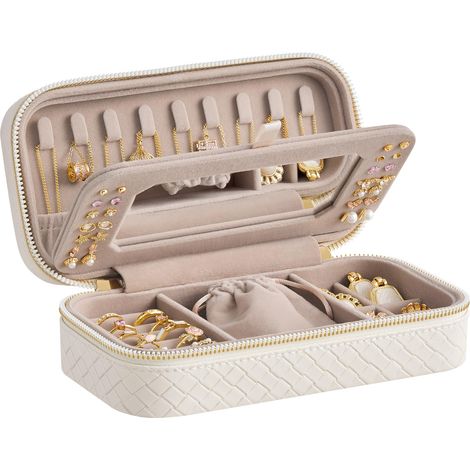 Étui à bijoux de voyage, boîte de rangement à bijoux avec miroir, pochette à bijoux, cuir synthétique tissé gaufré, rangement de bijoux portable, idée cadeau, nuage blanc UJBC197W01 (1/5)