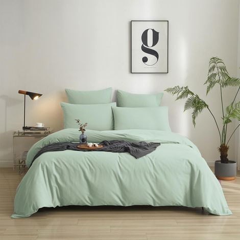 Parure de lit 135 x 200 cm en coton vert clair - Housse de couette 2 pièces - 100 % coton lavé - Confortable et respirant - Parure de lit avec 1 taie d'oreiller de 80 x 80 (1/5)