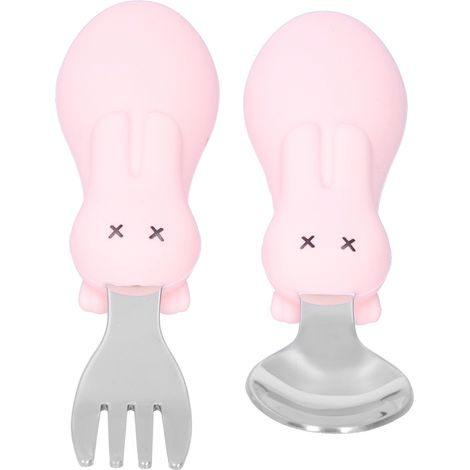 Ensemble de Cuillères et Fourchettes Bébé en Acier Inoxydable - Couverts pour Enfants Rose (1/5)