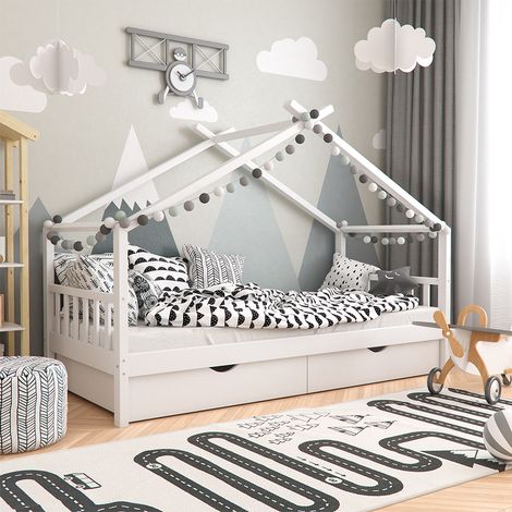 Letto montessori bambini Design, Bianco, 90x200 cm con 2 cassetti e materasso, Vitalispa