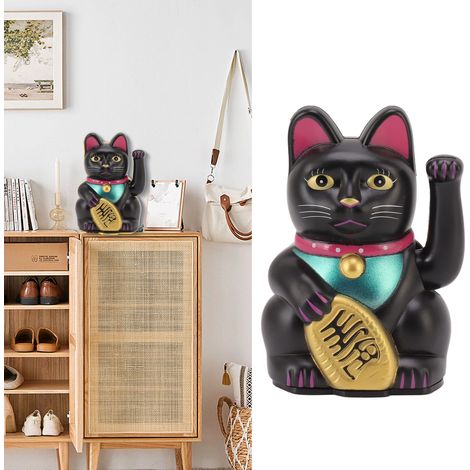 Schwarze Glückskatze, 10 cm, aus Kunststoff mit automatischem Uhrwerk – Dekorative Figur und Geschenk fürs Büro (1/5)
