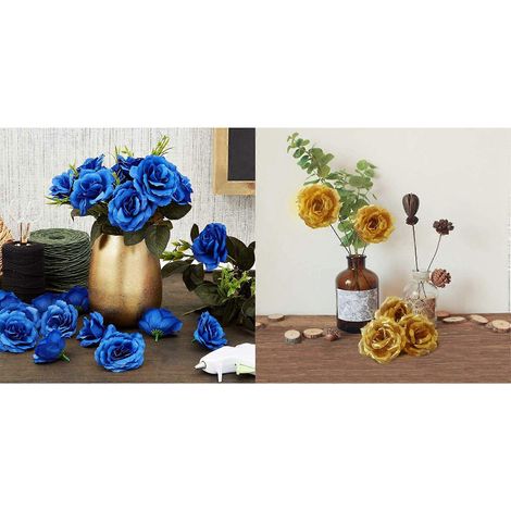Têtes de roses artificielles en soie, 100 pièces, convenant aux chapeaux, vêtements, décorations d'albums, décorations de mariage (bleu foncé et or). (1/5)