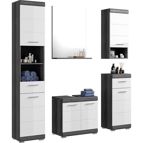 Badezimmermöbel Set 5-teilig modern in Hochglanz weiß mit grau SIROCO-158 (1/5)