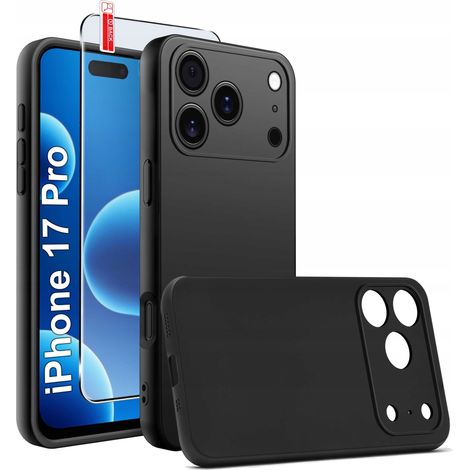 Coque pour Apple iPhone 17 Pro, dos en silicone mat noir + verre