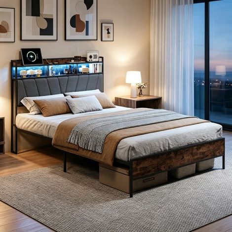 Lit 160x200,lit double capitonné,lit adulte,avec sommier à lattes,LED,USB,lit adulte,lit 1 personne,tissu en lin,Gris (1/5)