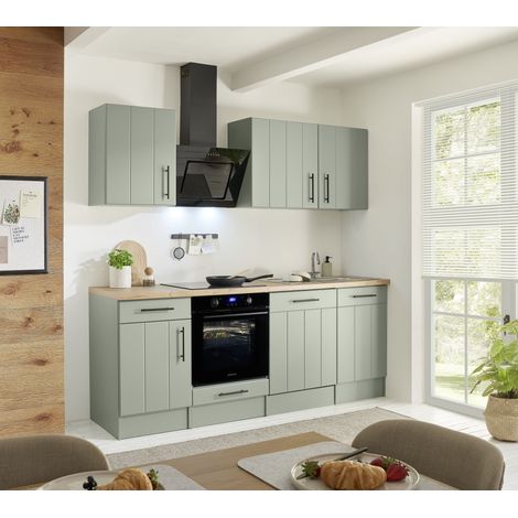 Küche Küchenzeile Landhaus Grün Anton 220 cm Induktion ohne Kühlschrank Respekta