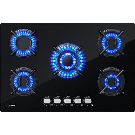 Placa de gas de 5 Quemadores L77 x P51 cm,Gas Natural/Propano,Negro,Cristal-5 fuegos