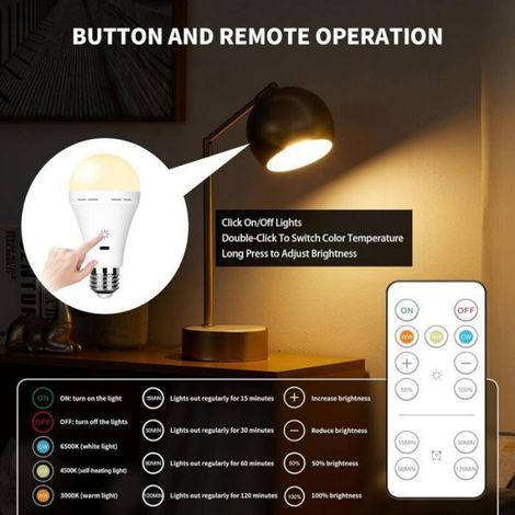 Ampoule LED rechargeable USB - - Télécommande - 3 températures de couleur - E27 - Dimmable - Batterie 2600mAh - 5W (1/4)