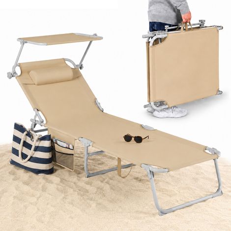 Lettino Pieghevole da Spiaggia Esterno Piscina Ecru Sdraio da Mare con Parasole (1/5)