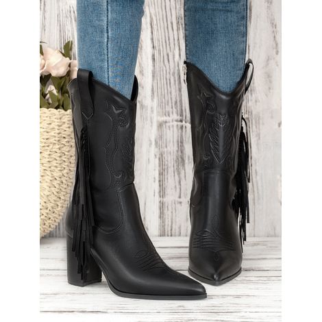 Bottes de chevalier à bout pointu, bottes de cowboy blanches à pompons brodés, talons hauts, bottes mi-mollet pour femmes (1/4)