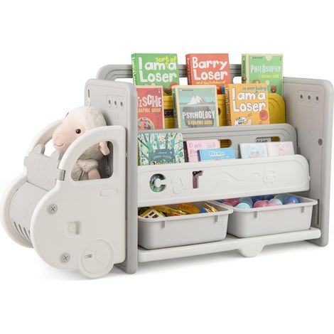 Bibliothèque Enfant en HDPE avec Forme Voiture & 2 Boîtes, Étagère à Livres à 3 Niveaux avec roulettes Décoratives pour enfant (1/5)