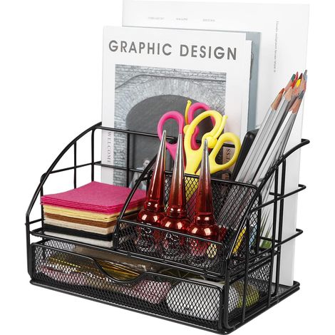 Desk Organizer, Storage Rack with Drawer Compartments, Simple Mesh Desk Organizer with Sliding Drawer, Space-Saving Pen Holder (1/5)