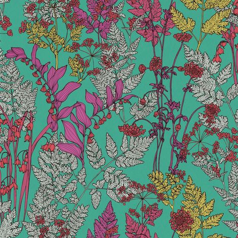 Papel pintado floral Profhome 377516 papel pintado no tejido liso con dibujo floral mate verde púrpura gris rojo 5,33 m2