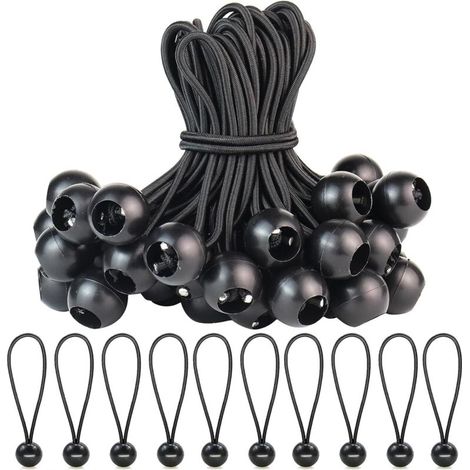 Tendeurs élastiques, 50 tendeurs élastiques avec boule pour bâches, tentes, voiles d'ombrage, 250 mm (noir) (1/5)