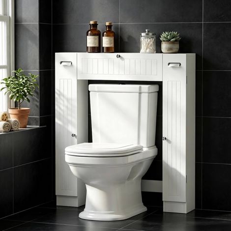 Mueble sobre inodoro con 2 armarios laterales, cajón central, 2 porta papel, estantes regulables, 88x18x98 cm, MDF, blanco (1/5)