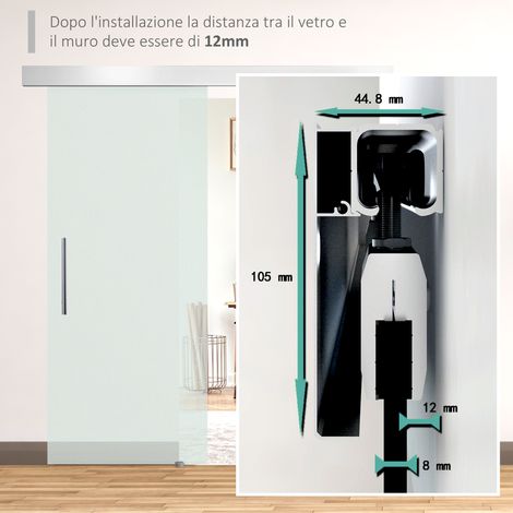 Porte intérieure coulissante en verre dépoli, rail inclus B1 + poignée - Dimensions 205x77,5x0,8cm pour salle d'eau, cuisine ou bureau (1/5)