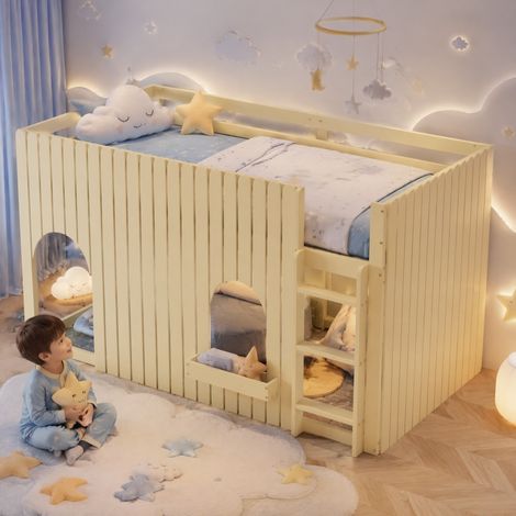 Lit mezzanine pour enfants 90x200 cm en bois naturel avec échelle et garde-corps OKWISH (1/5)