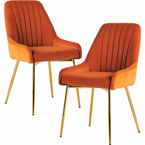 FIXIMASTER Lot de 2 Chaises de Salle à Manger et Salon en Velours, Rembourrées Ergonomiques, Pieds Dorés - Orange (1/5)