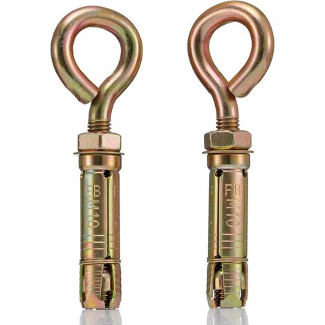 Lot de 2 boulons à œil d'ancrage M10 x 70 mm avec écrou hexagonal, en acier zingué jaune avec anneau pour fixation robuste (1/5)
