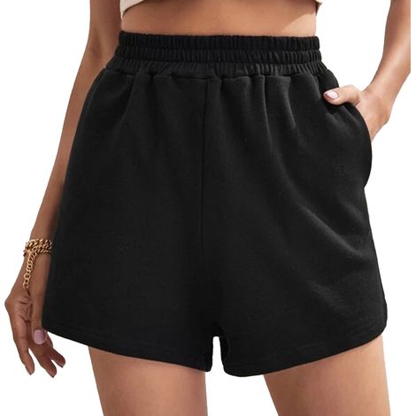 Short Large Femme Taille Haute Élastique Poche Latérale Pour Sport Loisirs Plage Voyage - Noir - Taille L (1/5)