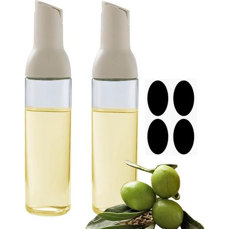 Juego de 2 dispensadores automáticos de aceite, Botellas de vidrio beige 500 ml boquilla antigoteo boca ancha facilitar llenado limpieza, Blanco (1/4)