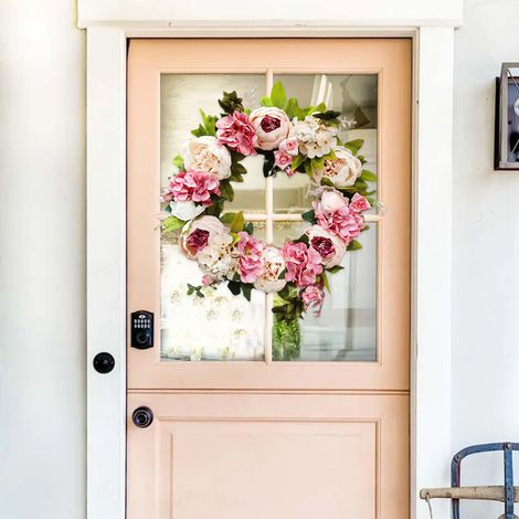 Couronne florale rose pivoine en tissu, feuilles en tissu et plastique, cercle en rotin diamètre 30 cm, couronne diamètre 40 cm (35x35x5, 270) (1/5)