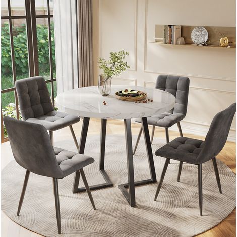 5-teiliges Tisch- und Stuhlset, runder Tisch 80 cm, 4 graue Samtstühle HAVRYA (1/5)