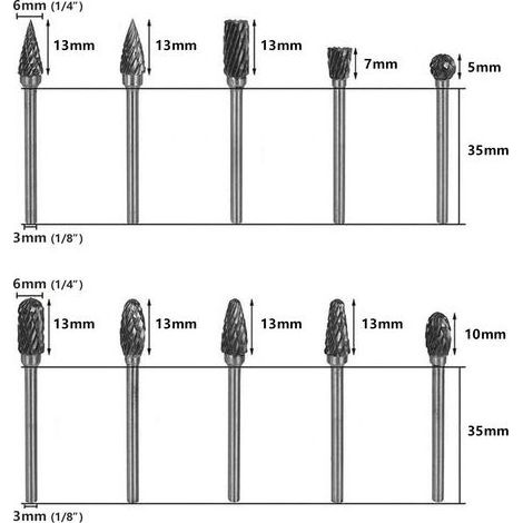 Ensemble de Fraises Rotatives Carbure de Tungstène Double Tranchant pour Outil rotatif, Mèches de meuleuse Tige 1/8”, Tête de meulage Bricolage, Travail du Bois et Métal, Gravure, Perçage, Polissage (1/4)