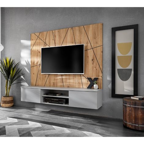 Meuble tv mural suspendu bois et gris GENES (1/5)