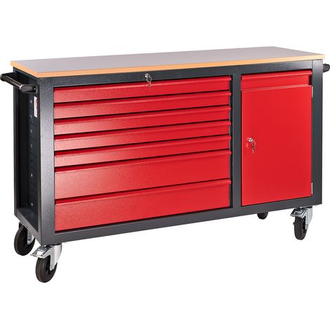 Mobile Werkbank Arbeitstisch fahrbar Carlos 7 Schubladen 1 Tür 180x48x104 cm (1/5)