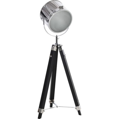 Industrial Style Adjustable Tripod Floor Lamp, Searchlight Lamp with Wooden Legs Steel Lampshade, 110-155cm, Black (1/5)