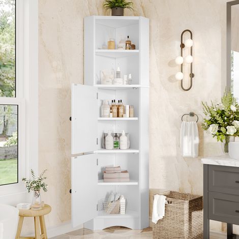Armoire triangulaire salle de bain,finition complète,2 compartiments ouverts,double porte et séparateurs modulables,couleur blanche. (1/5)