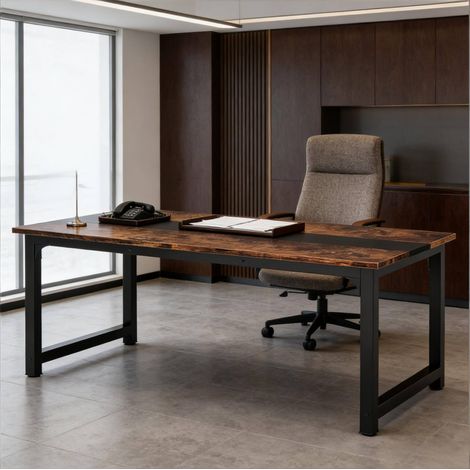 REDOM - Mesa de comedor 160x80x75 cm, amplia superficie de trabajo, espacio para las piernas, metal y madera, negro y marrón rústico (1/5)