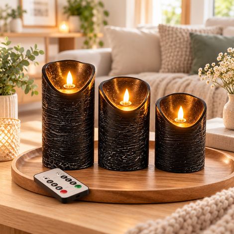Relaxdays LED Kerzen, 3er Set, Fernbedienung, flackernde Flamme, Timer, marmoriert, Echtwachs, Stumpenkerzen, schwarz (1/5)