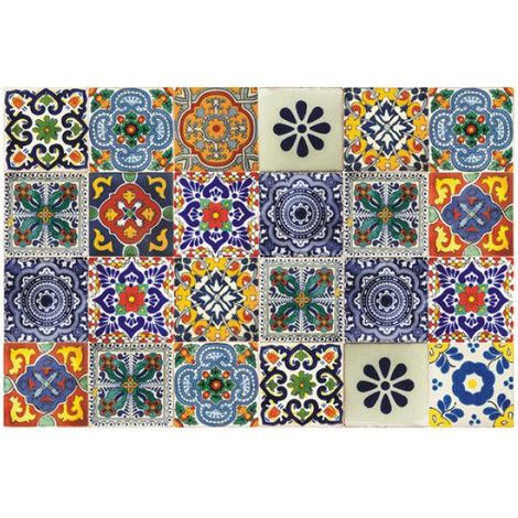 24Pcs Stickers Autocollants pour Carrelage Cuisine Salle de Bain 15x15cm Vinyl Auto-adhésif Style de Fleurs Bleu Jaune Rétro Décor (1/5)