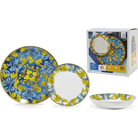 TrAdE Shop Traesio - Set Servizio Di Piatti In Porcellana 18pz Decorazione Floreali In Stile Maiolica Da Tavola - (1/2)