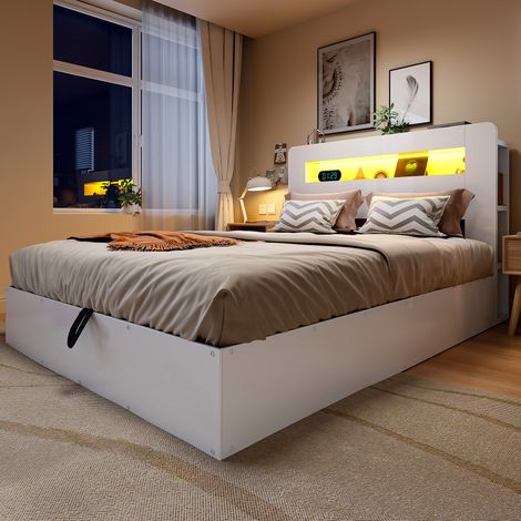 Cama 140x200 cm blanca de madera con almacenaje, LED y enchufes integrados (1/5)