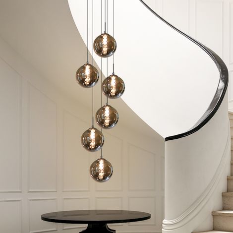 ZMH – Suspension moderne en verre gris fumé – 6 flammes réglables de 80 à 150 cm – Pour salon, cuisine, chambre, couloir – Tension 220-240V