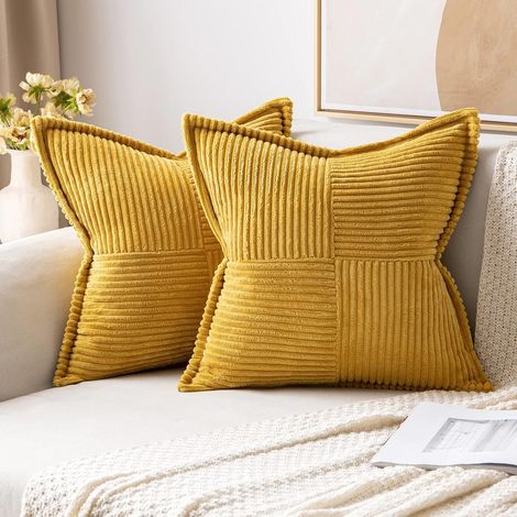 Coussin Canapé 40×40cm Curcuma Lot de 22 Patchwork Velours Côtelé, Bordouré, Fermeture Invisible, Canapé, Lit, Fauteuil, Salon, Chambre, Coin Lecture, Moderne, Scandinave, Boho (1/4)