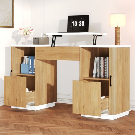 Bureau 140x50 cm Réglable en Hauteur avec Rangement Caché, 2 Tiroirs et Étagères Ouvertes, Bureau Informatique - Style Chêne/Blanc (1/5)
